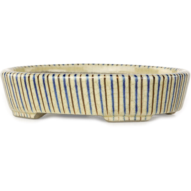 Ovalwhite, blue and brown  bonsai pot by Terahata Satomi Mazan - 132 x 105 x 32 mm