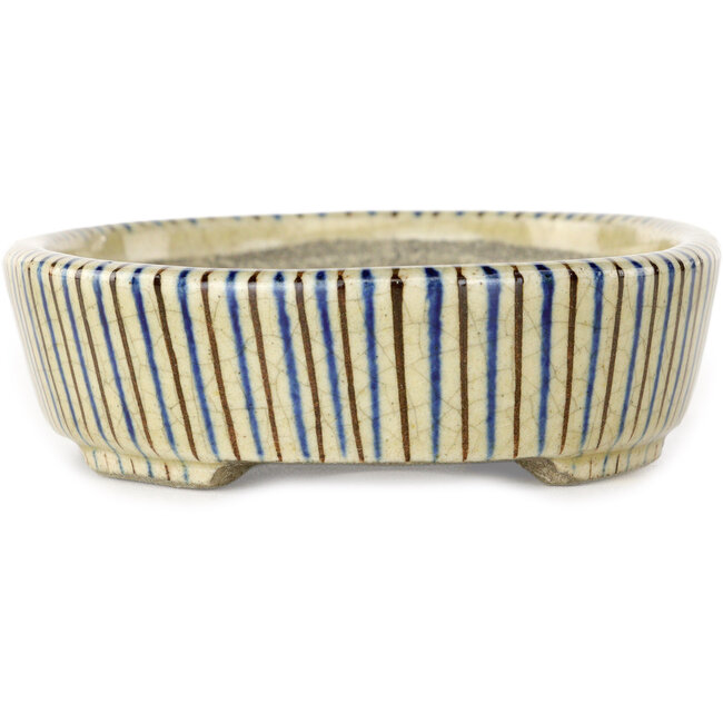 Pot à bonsaï ovale blanc, bleu et marron par Terahata Satomi Mazan - 132 x 105 x 32 mm