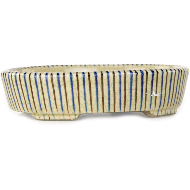 Ovalwhite, blue and brown  bonsai pot by Terahata Satomi Mazan - 132 x 105 x 32 mm