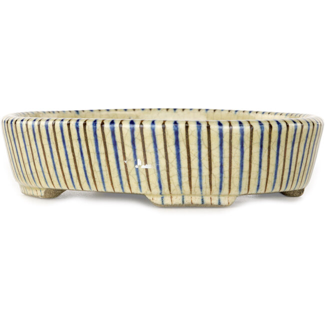 Ovaalwitte, blauwe en bruine bonsaipot van Terahata Satomi Mazan - 132 x 105 x 32 mm