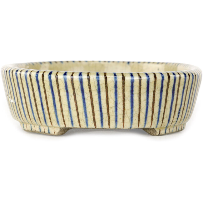 Maceta ovalada para bonsái blanca, azul y marrón de Terahata Satomi Mazan - 132 x 105 x 32 mm