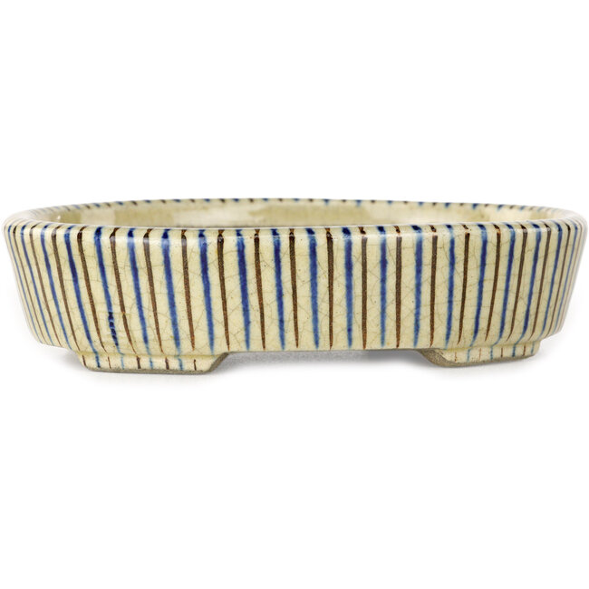 Ovalwhite, blue and brown  bonsai pot by Terahata Satomi Mazan - 132 x 105 x 32 mm