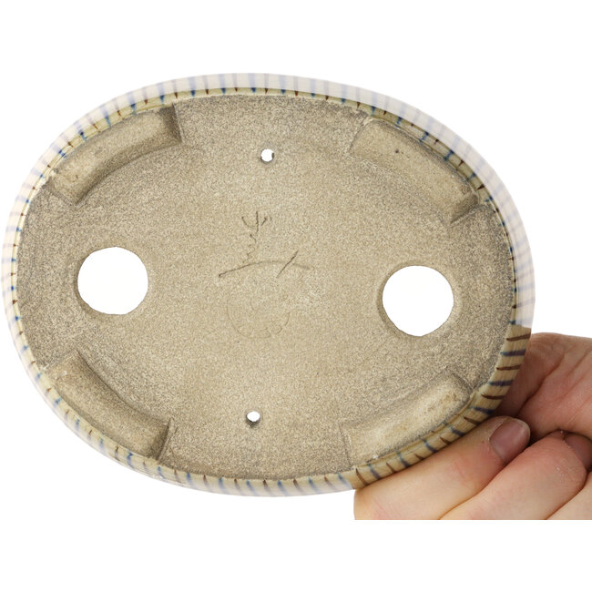 Pot à bonsaï ovale blanc, bleu et marron par Terahata Satomi Mazan - 132 x 105 x 32 mm