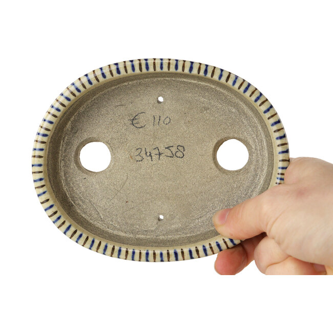 Ovale weiße, blaue und braune Bonsaischale von Terahata Satomi Mazan – 132 x 105 x 32 mm