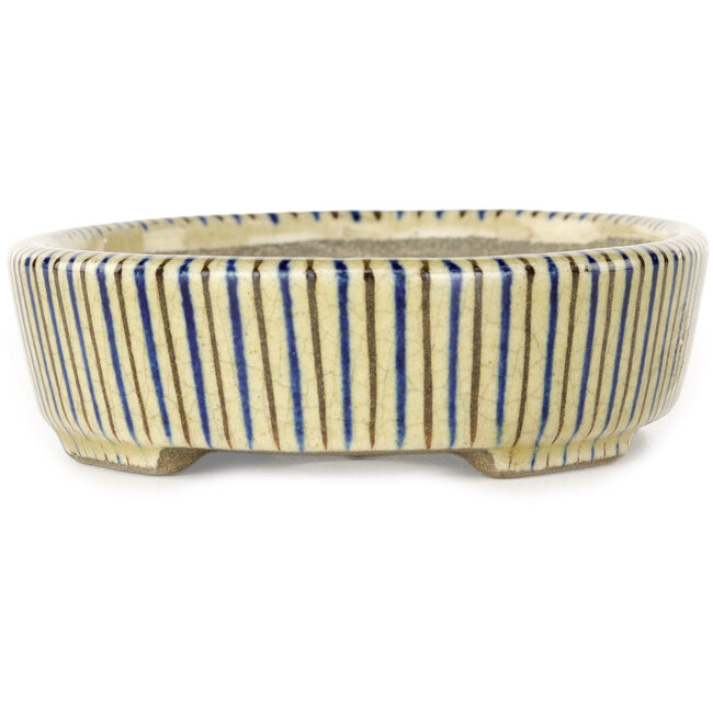 Vaso bonsai ovale bianco, blu e marrone di Terahata Satomi Mazan - 132 x 105 x 32 mm