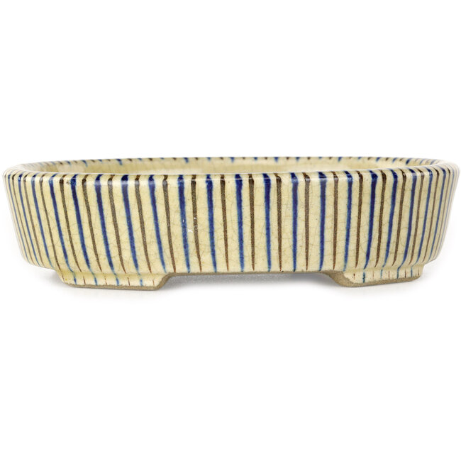 Maceta ovalada para bonsái blanca, azul y marrón de Terahata Satomi Mazan - 132 x 105 x 32 mm