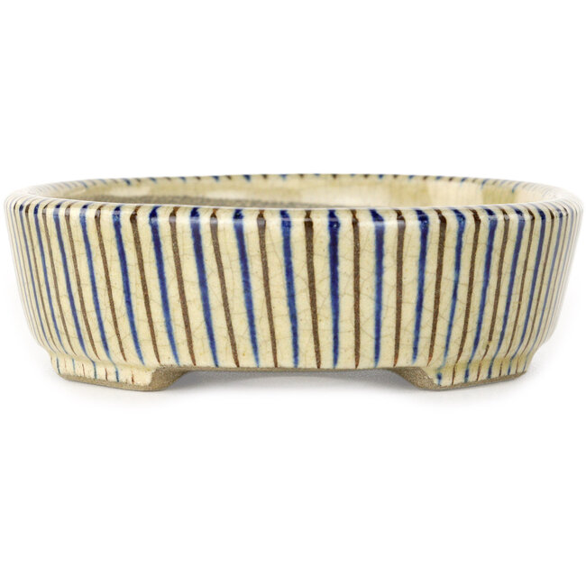 Oval white, blue and brown  bonsai pot by Terahata Satomi Mazan - 132 x 105 x 32 mm