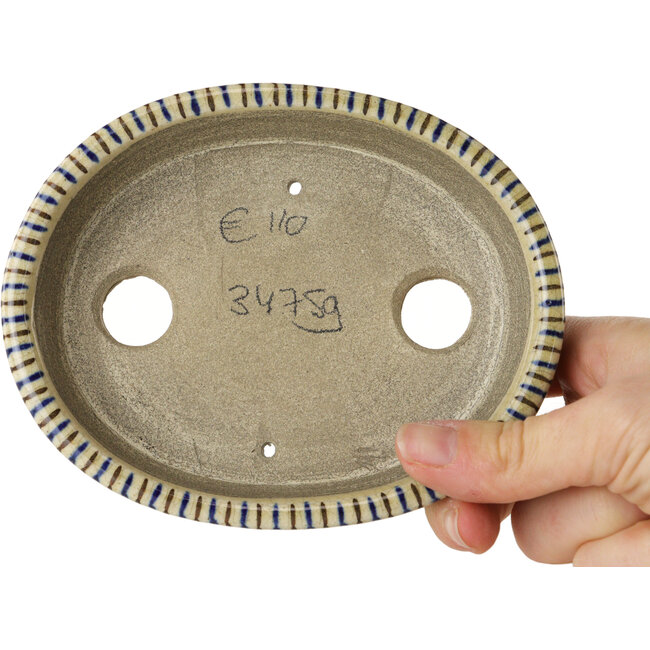 Pot à bonsaï ovale blanc, bleu et marron par Terahata Satomi Mazan - 132 x 105 x 32 mm