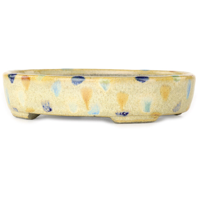 Oval warm white and multicolor bonsai pot by Terahata Satomi Mazan - 140 x 115 x 30 mm