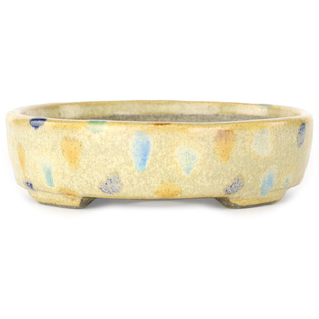 Pot à bonsaï ovale blanc chaud et multicolore par Terahata Satomi Mazan - 140 x 115 x 30 mm