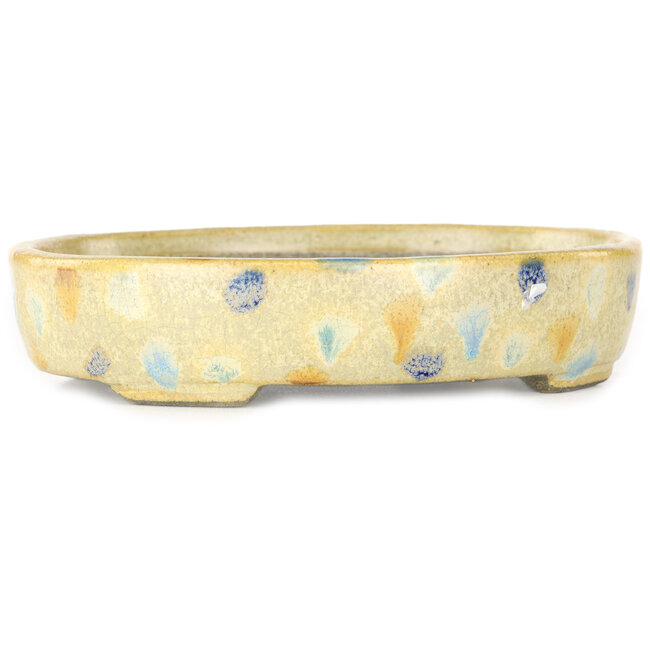 Pot à bonsaï ovale blanc chaud et multicolore par Terahata Satomi Mazan - 140 x 115 x 30 mm