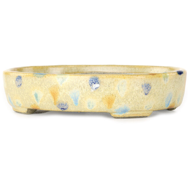 Pot à bonsaï ovale blanc chaud et multicolore par Terahata Satomi Mazan - 140 x 115 x 30 mm