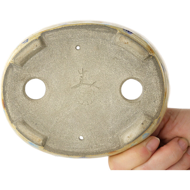Oval warm white and multicolor bonsai pot by Terahata Satomi Mazan - 140 x 115 x 30 mm