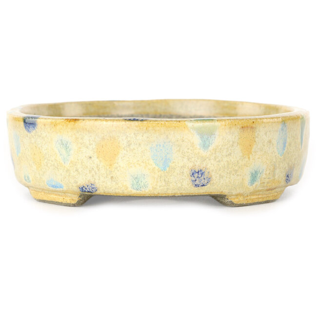 Pot à bonsaï ovale blanc chaud et multicolore par Terahata Satomi Mazan - 140 x 115 x 30 mm