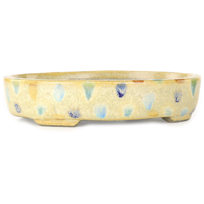 Oval warm white and multicolor bonsai pot by Terahata Satomi Mazan - 140 x 115 x 30 mm