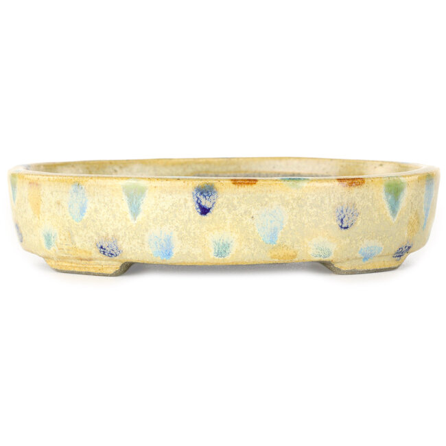 Pot à bonsaï ovale blanc chaud et multicolore par Terahata Satomi Mazan - 140 x 115 x 30 mm