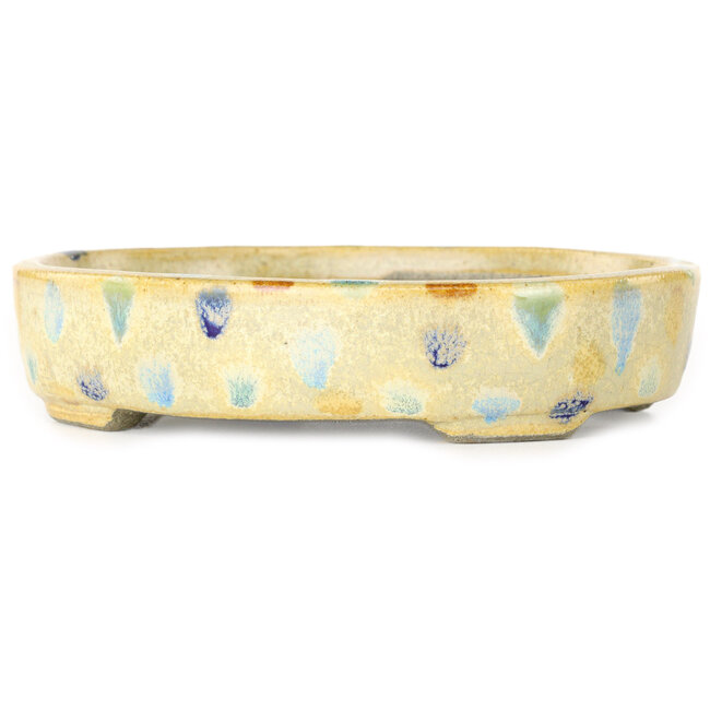 Pot à bonsaï ovale blanc chaud et multicolore par Terahata Satomi Mazan - 140 x 115 x 30 mm