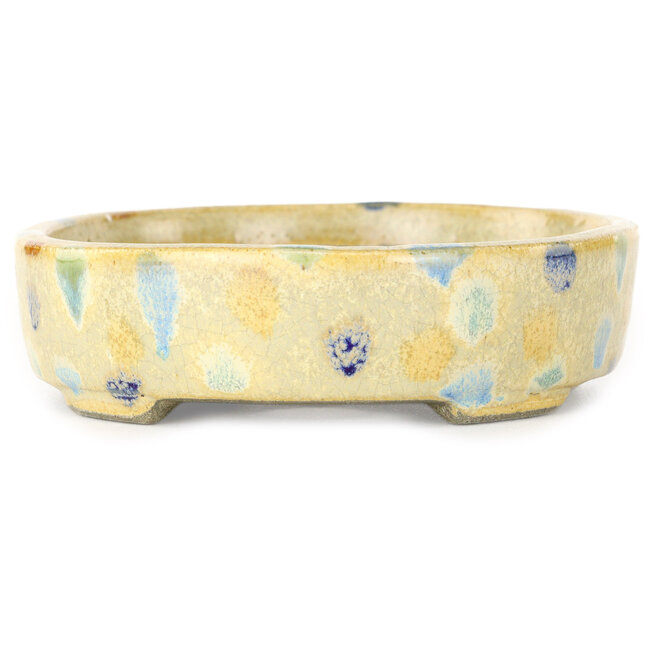 Pot à bonsaï ovale blanc chaud et multicolore par Terahata Satomi Mazan - 140 x 115 x 30 mm