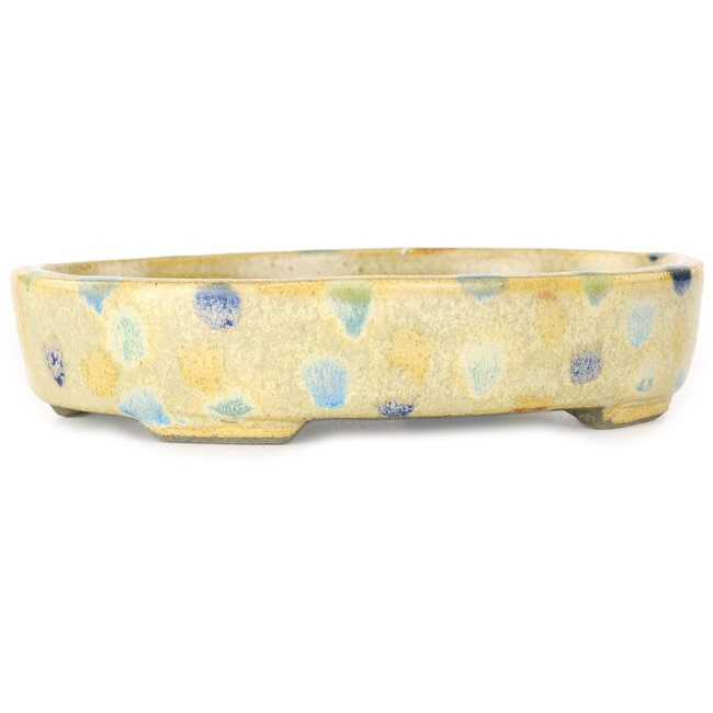 Ovaler warmweißer und mehrfarbiger Bonsaitopf von Terahata Satomi Mazan – 140 x 115 x 30 mm