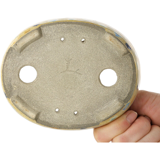 Ovaler warmweißer und mehrfarbiger Bonsaitopf von Terahata Satomi Mazan – 140 x 115 x 30 mm