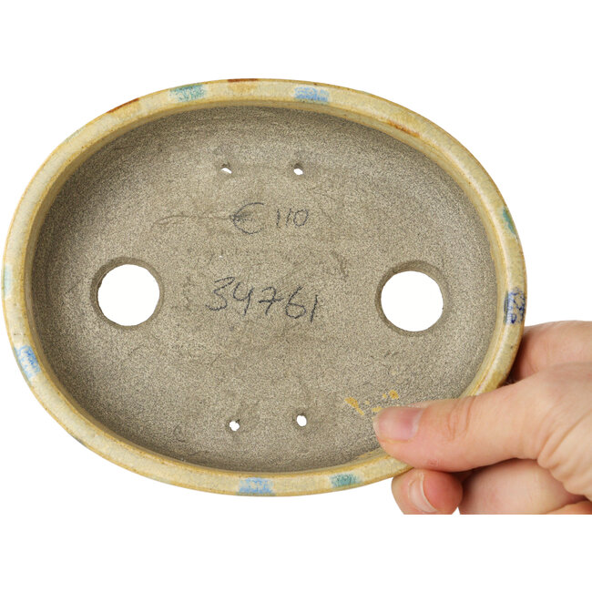 Ovale warmwitte en veelkleurige bonsaipot van Terahata Satomi Mazan - 140 x 115 x 30 mm