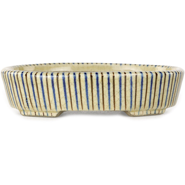 Vaso bonsai ovale bianco, blu e marrone di Terahata Satomi Mazan - 132 x 105 x 32 mm