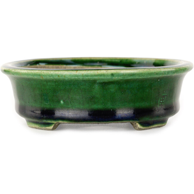 Ovaler grüner Bonsaitopf von Terahata Satomi Mazan – 140 x 115 x 35 mm