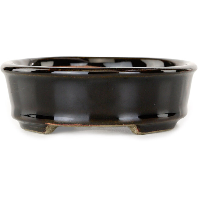 Oval brown bonsai pot by Terahata Satomi Mazan - 135 x 110 x 35 mm