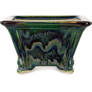  Satomi Mazan, Mazan Terahata Vaso bonsai quadrato multicolore da 133 mm di Terahata Satomi Mazan, Tokoname, Giappone