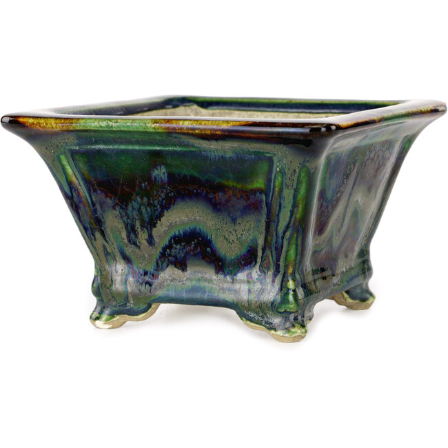 Square multicolor bonsai pot by Terahata Satomi Mazan - 133 x 133 x 80 mm