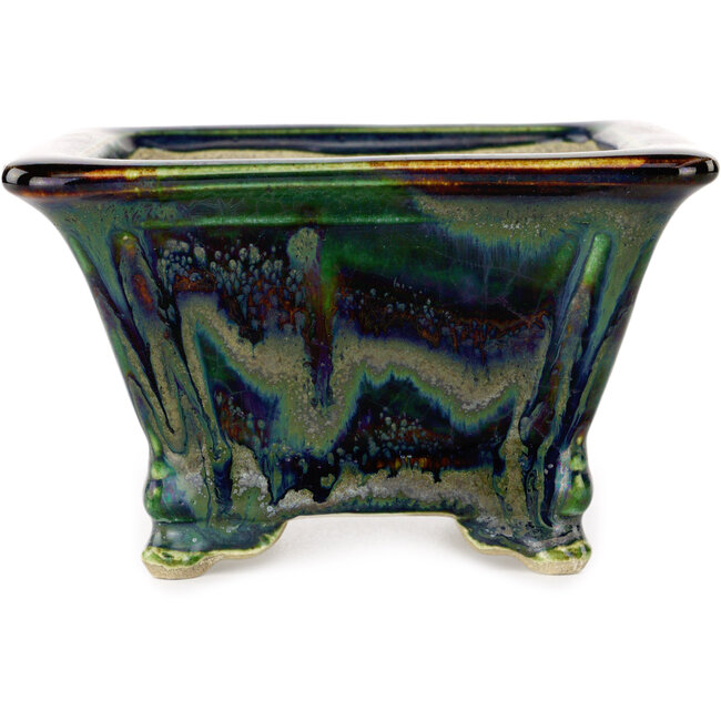 Square multicolor bonsai pot by Terahata Satomi Mazan - 133 x 133 x 80 mm
