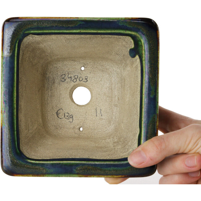 Square multicolor bonsai pot by Terahata Satomi Mazan - 133 x 133 x 80 mm