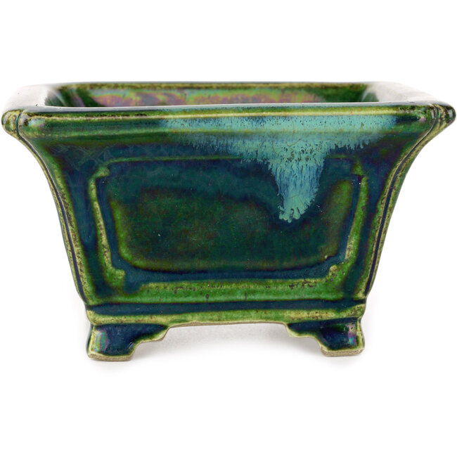 Square green bonsai pot by Terahata Satomi Mazan - 126 x 126 x 72 mm