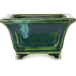  Satomi Mazan, Mazan Terahata Pot à bonsaï vert carré de 126 mm par Terahata Satomi Mazan, Tokoname, Japon