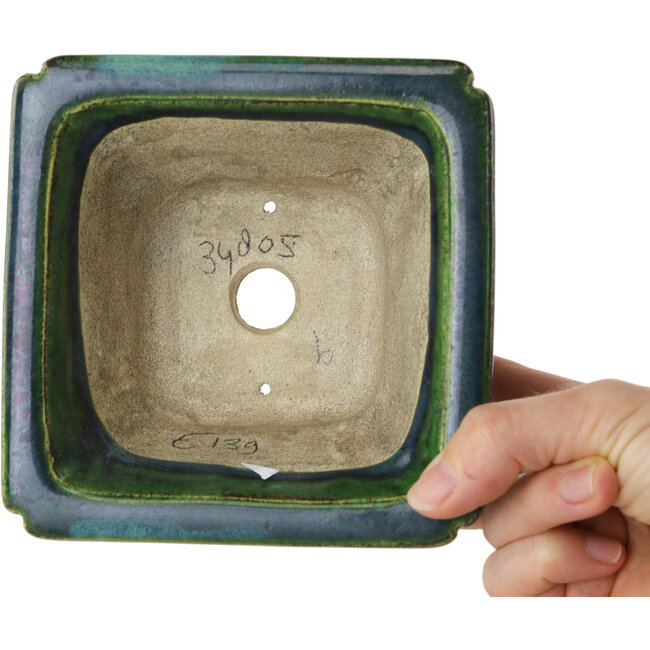 Vierkante groene bonsaipot van Terahata Satomi Mazan - 126 x 126 x 72 mm