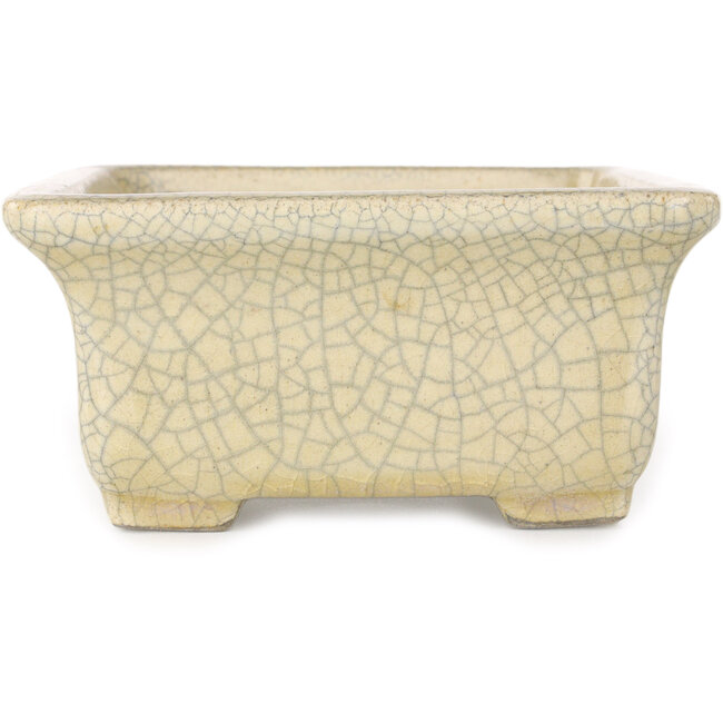 Rechteckige beige Craquelé-Bonsaischale von Terahata Satomi Mazan – 164 x 138 x 63 mm