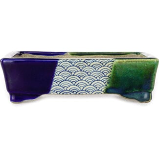 Satomi Mazan, Mazan Terahata 150 mm rectangular blue and green bonsai pot by Terahata Satomi Mazan, Tokoname, Japan