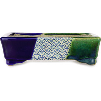  Satomi Mazan, Mazan Terahata Maceta rectangular para bonsái en azul y verde de 150 mm de Terahata Satomi Mazan, Tokoname, Japón