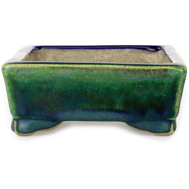 Maceta rectangular para bonsái azul y verde de Terahata Satomi Mazan - 150 x 108 x 43 mm