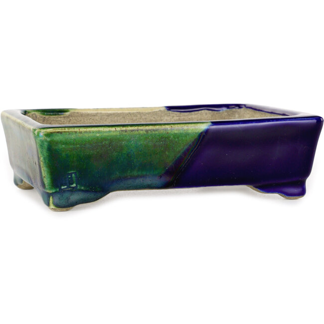Rechteckiger blauer und grüner Bonsaitopf von Terahata Satomi Mazan – 150 x 108 x 43 mm