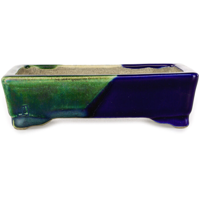Rechteckiger blauer und grüner Bonsaitopf von Terahata Satomi Mazan – 150 x 108 x 43 mm