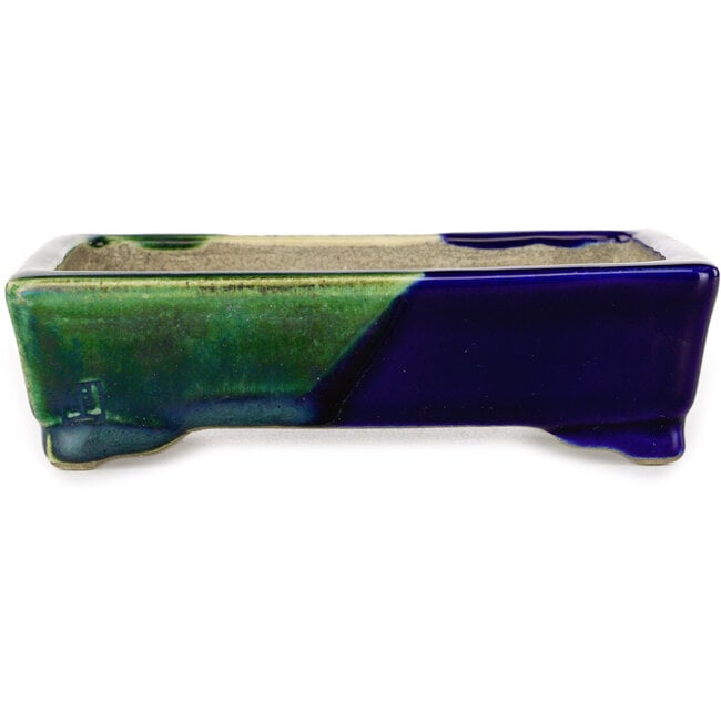 Rechthoekige blauw-groene bonsaipot van Terahata Satomi Mazan - 150 x 108 x 43 mm