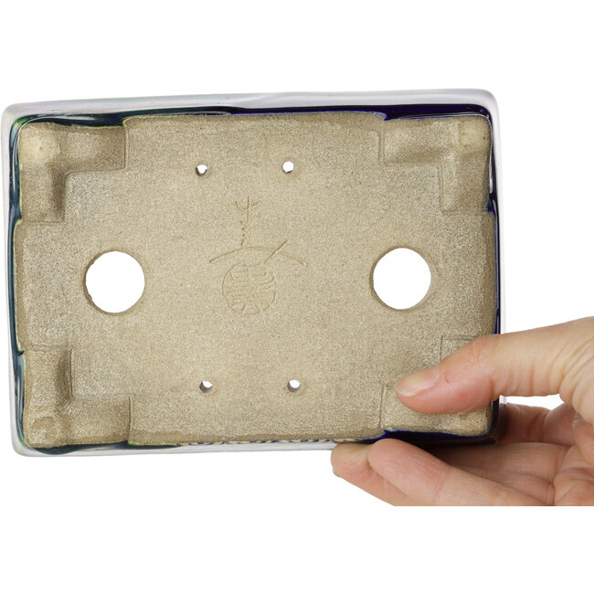 Maceta rectangular para bonsái azul y verde de Terahata Satomi Mazan - 150 x 108 x 43 mm