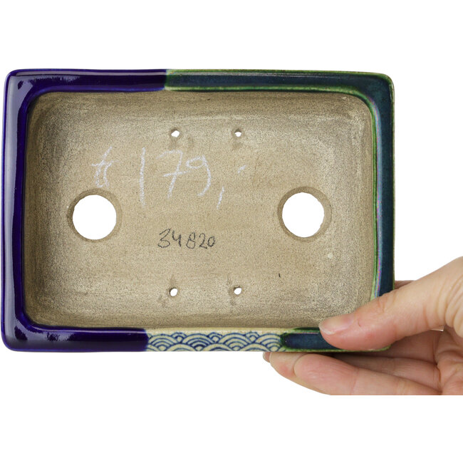 Rectangular blue and green bonsai pot by Terahata Satomi Mazan - 150 x 108 x 43 mm