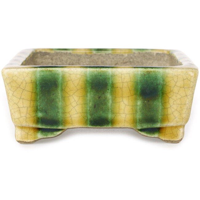 Rechteckiger gelber und grüner Bonsaitopf von Terahata Satomi Mazan – 150 x 108 x 43 mm