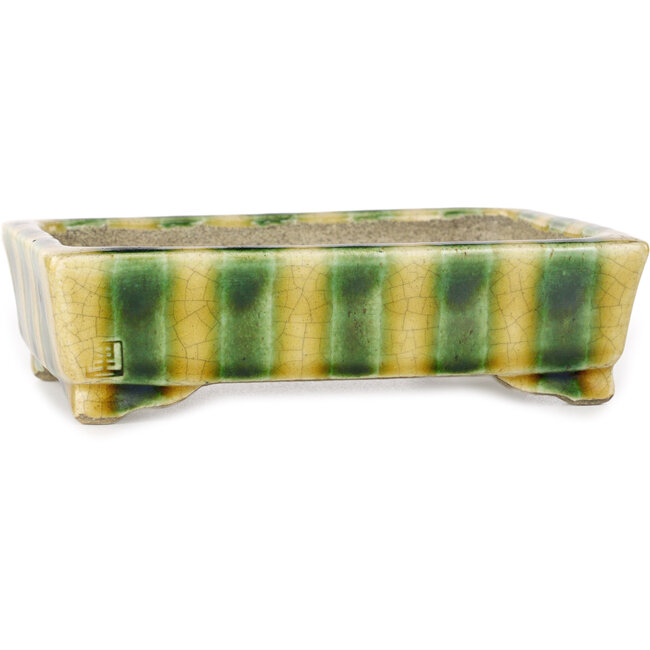 Rectangular yellow and green bonsai pot by Terahata Satomi Mazan - 150 x 108 x 43 mm