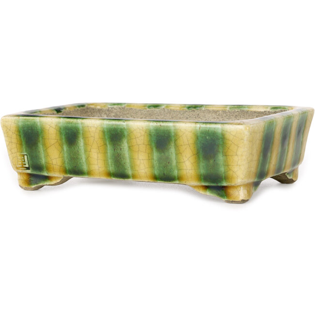 Rectangular yellow and green bonsai pot by Terahata Satomi Mazan - 150 x 108 x 43 mm