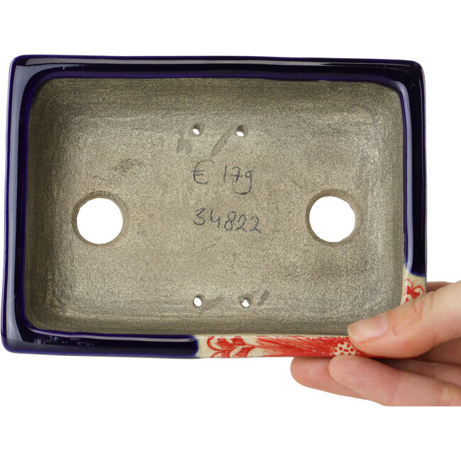 Rechthoekige rode en blauwe bonsaipot van Terahata Satomi Mazan - 150 x 108 x 43 mm