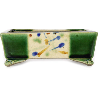  Satomi Mazan, Mazan Terahata Pot à bonsaï rectangulaire vert et multicolore de 155 mm par Terahata Satomi Mazan, Tokoname, Japon