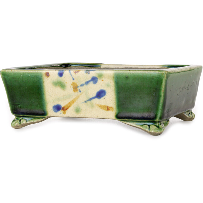 Pot à bonsaï rectangulaire vert et multicolore par Terahata Satomi Mazan - 155 x 132 x 55 mm